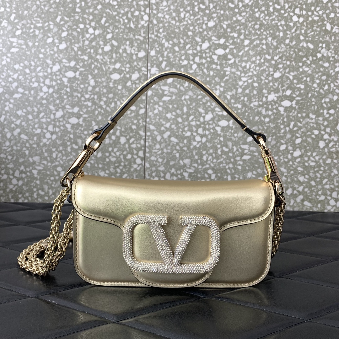 Valentino Garavani Loco Small Shoulder Bag in Gold Calfskin Leather